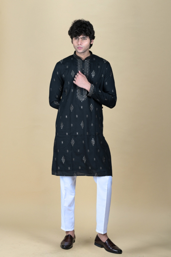 Airforce Black Kurta with Grey Sequins all Over and Neck Embroidery