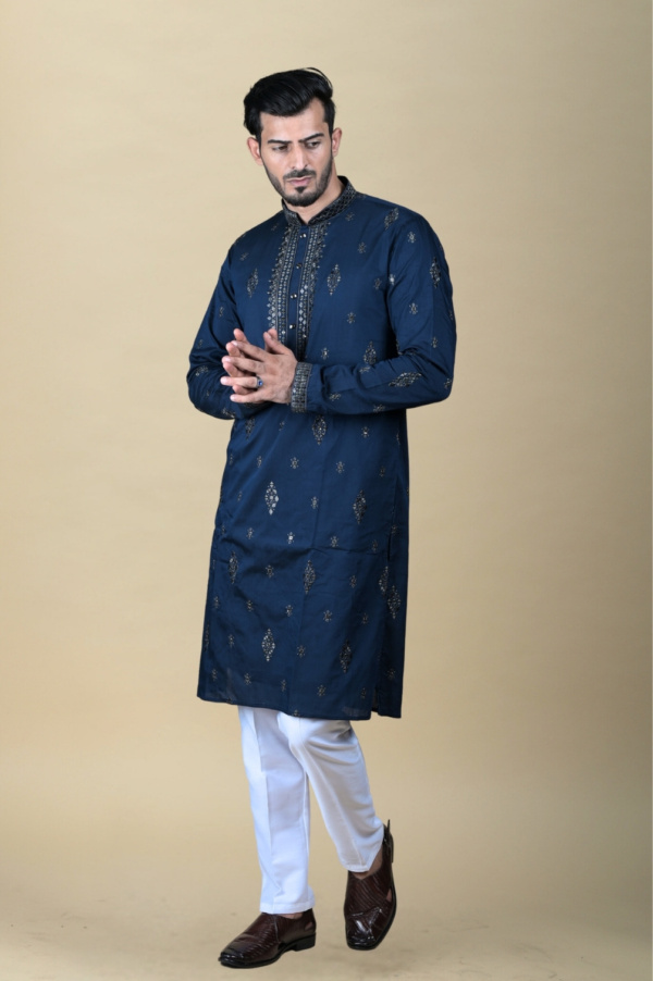 Airforce Blue Kurta with Grey Sequins all Over and Neck Embroidery - Image 2