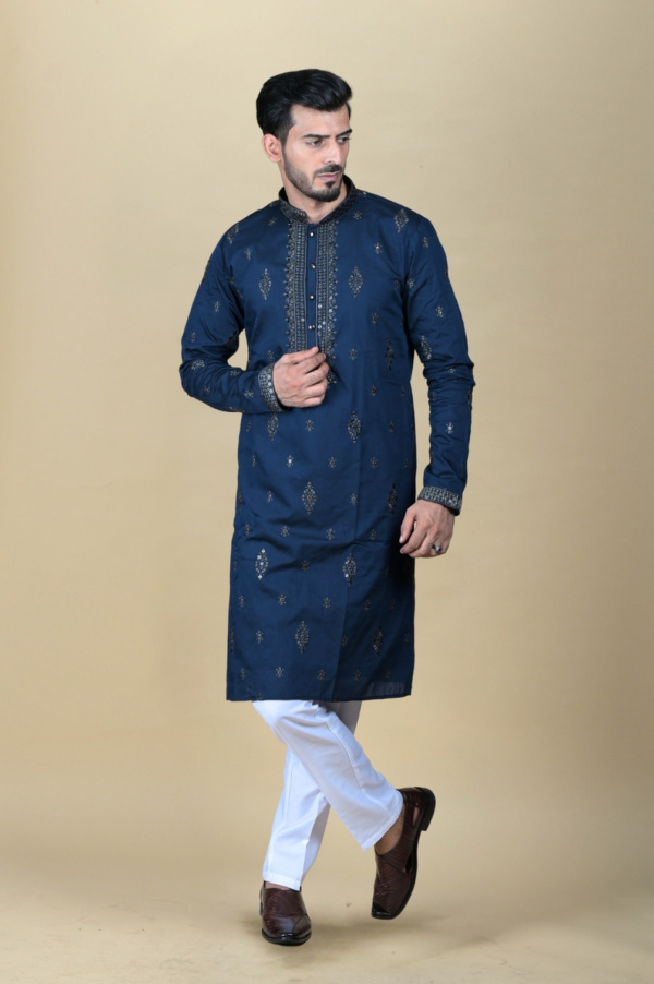 Airforce Blue Kurta with Grey Sequins all Over and Neck Embroidery