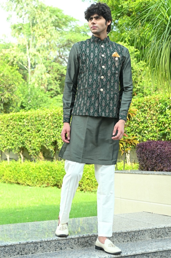 Algae Green Multi Thread Work Jacket Kurta with Silk Fabric