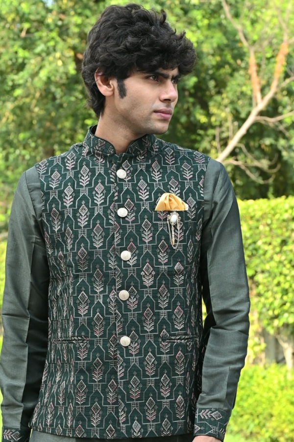 Algae Green Multi Thread Work Jacket Kurta with Silk Fabric - Image 2