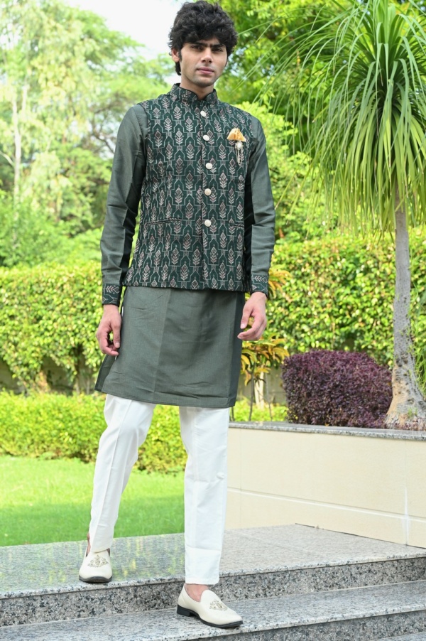 Algae Green Multi Thread Work Jacket Kurta with Silk Fabric - Image 3