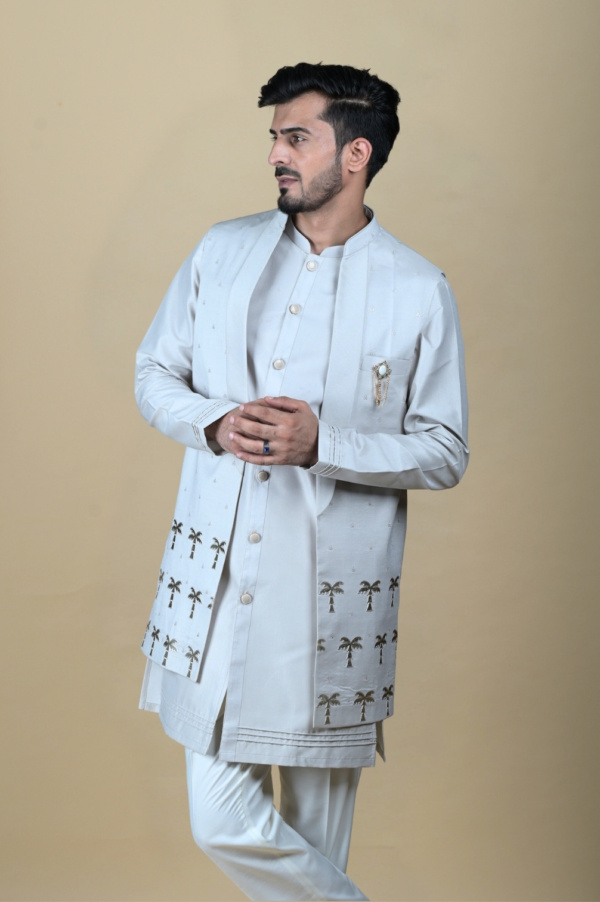 Ash Grey Toil Work with Open Shrug and Open Kurta - Image 2