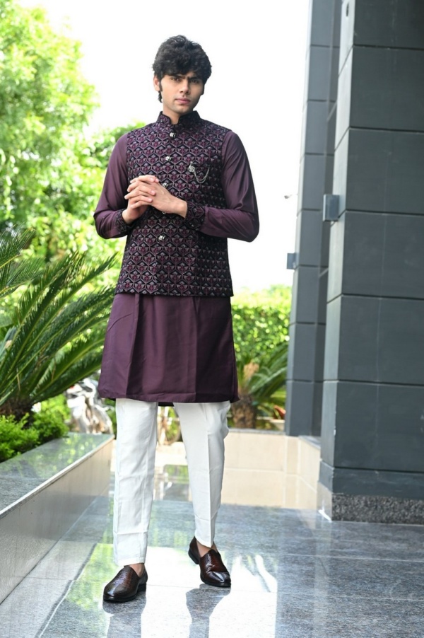 Dark Wine Velvet Jacket with Embroidery Plain Glaze Silk Kurta