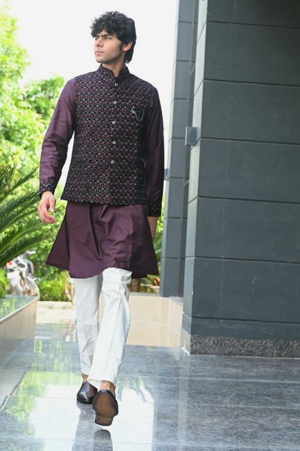 Dark Wine Velvet Jacket with Embroidery Plain Glaze Silk Kurta - Image 2