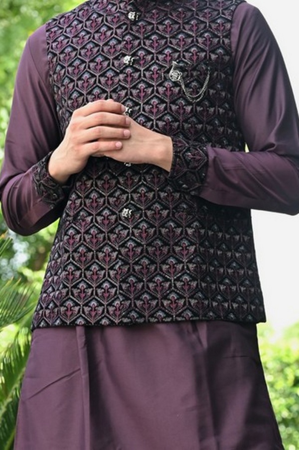 Dark Wine Velvet Jacket with Embroidery Plain Glaze Silk Kurta - Image 3