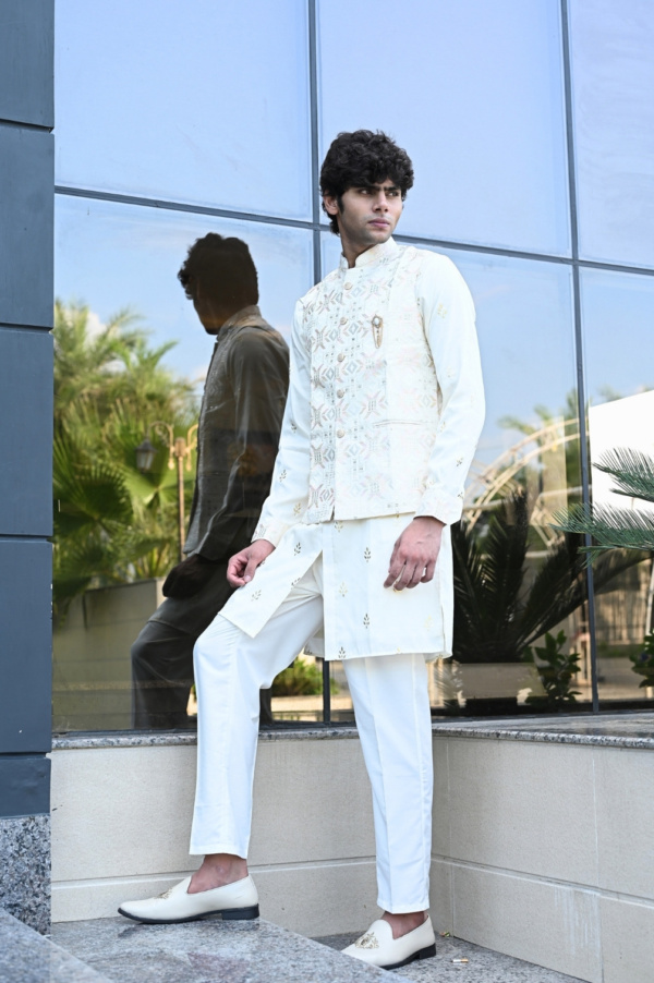 Fown White Kurta with Golden Print Matching with Multi Colour Jacket