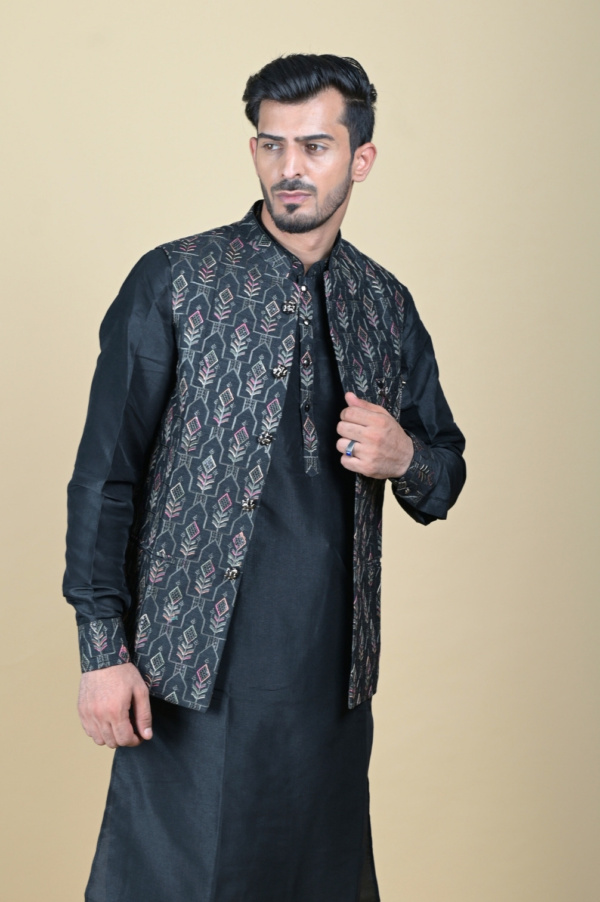 Full Sequins Work Black Kurta with Wine Sequins Velvet Jacket Using Velvet Fabric