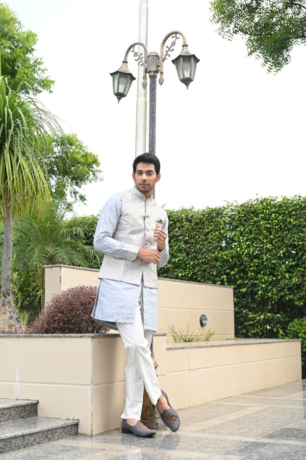 Gold Foiled Ash Grey Kurta Jacket