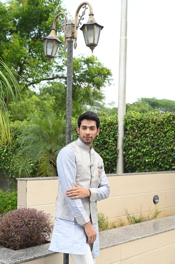 Gold Foiled Ash Grey Kurta Jacket - Image 2