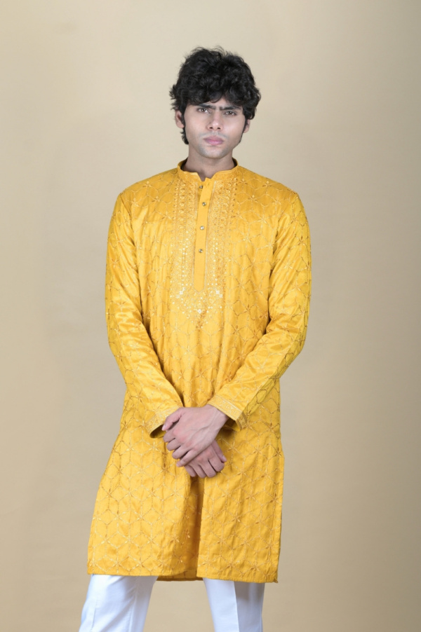 Haldi Ready, Mustard Yellow Sequins Embroided Kurta - Image 3