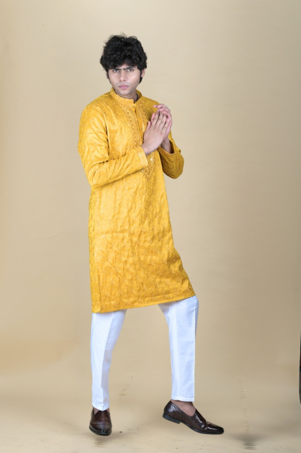 Haldi Ready, Mustard Yellow Sequins Embroided Kurta