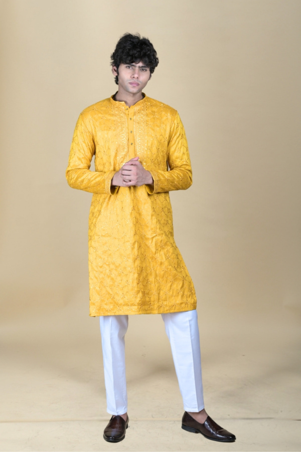 Haldi Ready, Mustard Yellow Sequins Embroided Kurta - Image 2