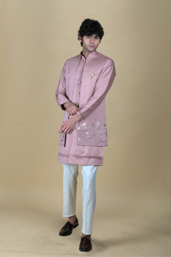 Hot Pink Bottom Gold Toil Work with Open Shrug and Open Kurta