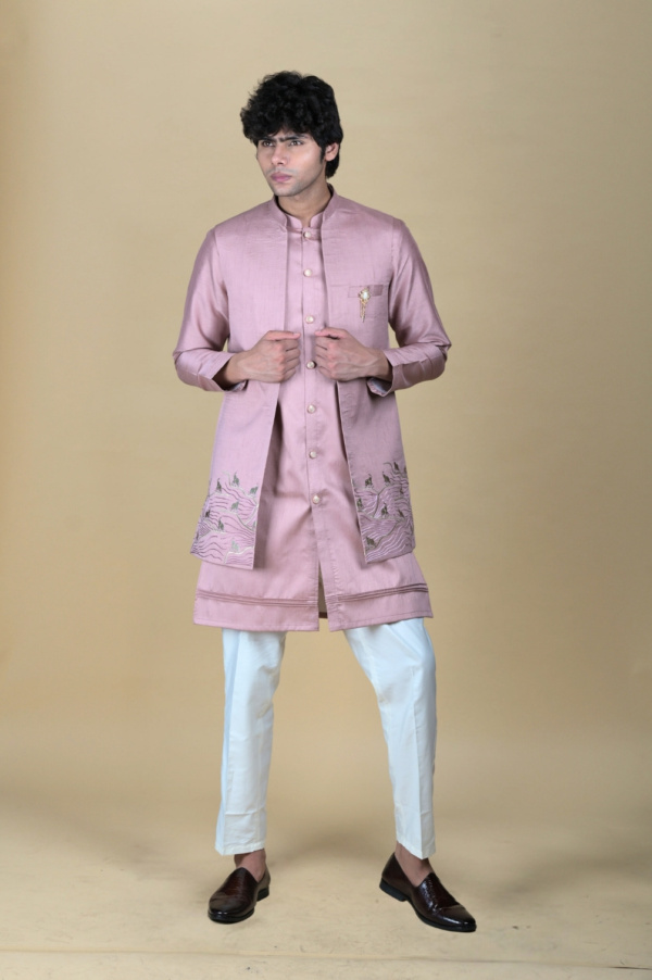 Hot Pink Bottom Gold Toil Work with Open Shrug and Open Kurta - Image 2