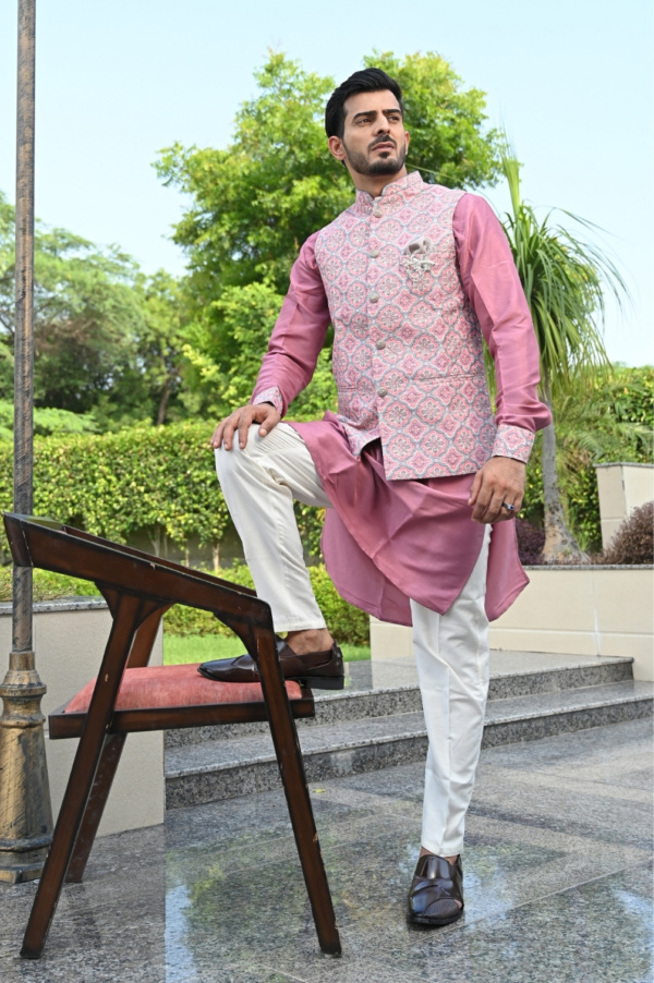 Hot Pink Jacket Kurta Set with Silk Kurta & Print Kurta Jacket Set