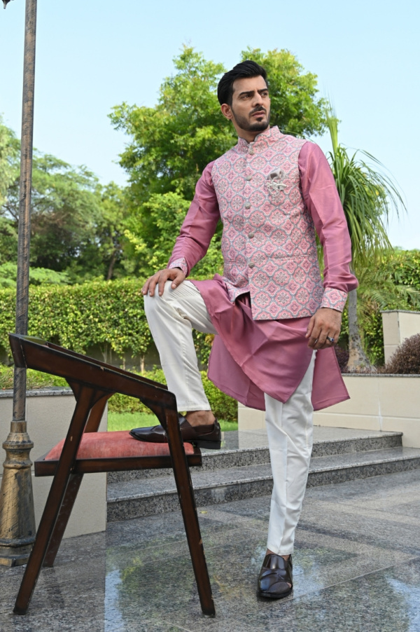 Hot Pink Jacket Kurta Set with Silk Kurta & Print Kurta Jacket Set - Image 2