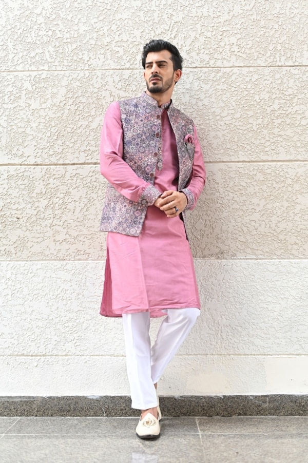 Hot Pink Kurta with Sequins Embroided Print Jacket