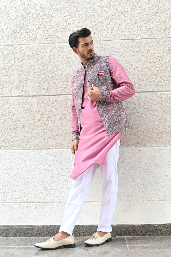 Hot Pink Kurta with Sequins Embroided Print Jacket - Image 2