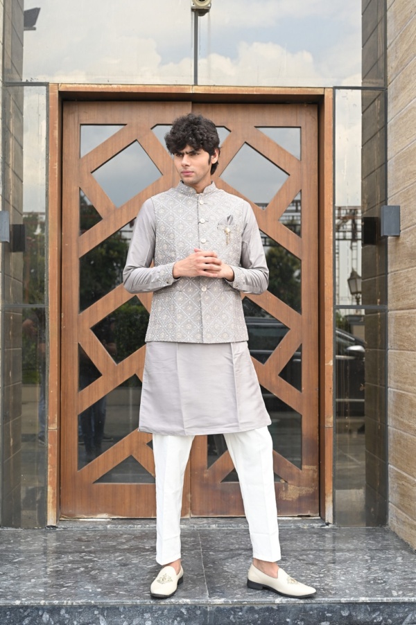 Light Ash Grey Kurta Jacket with Tool Thread Work - Image 3