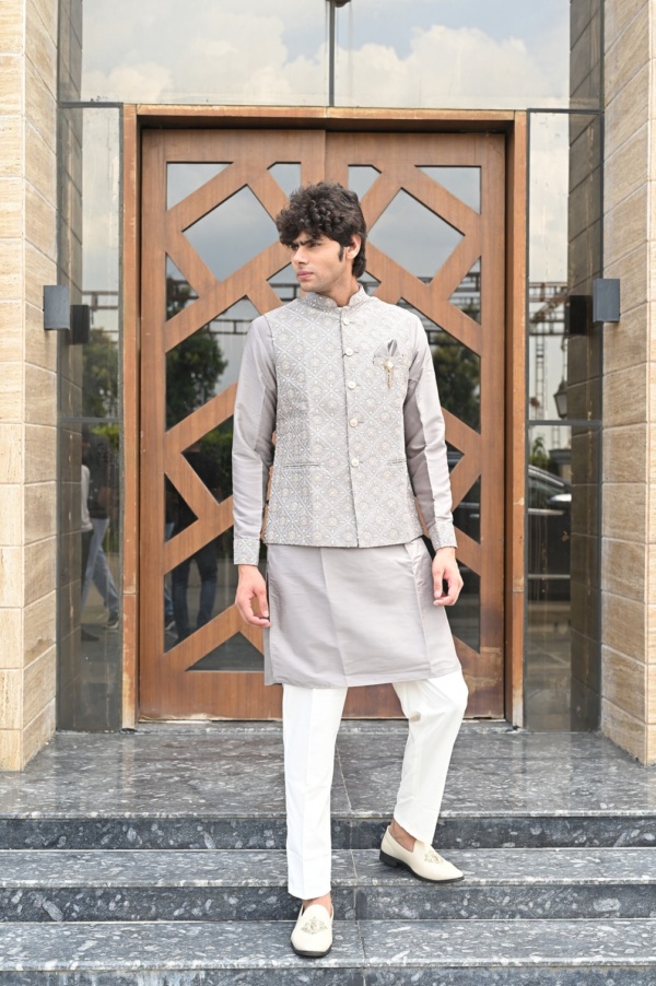 Light Ash Grey Kurta Jacket with Tool Thread Work - Image 2