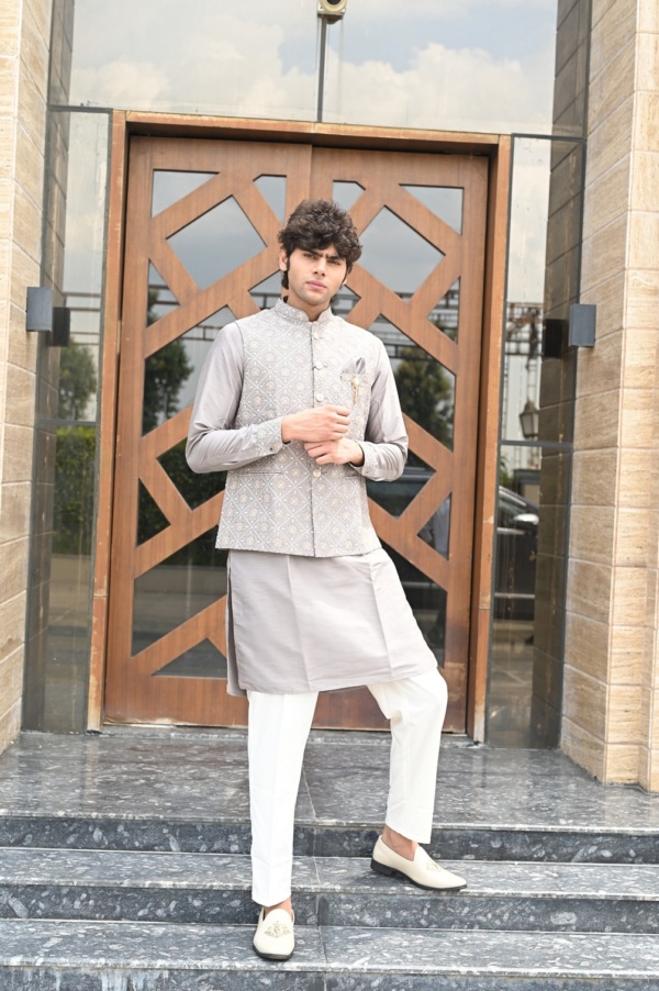 Light Ash Grey Kurta Jacket with Tool Thread Work