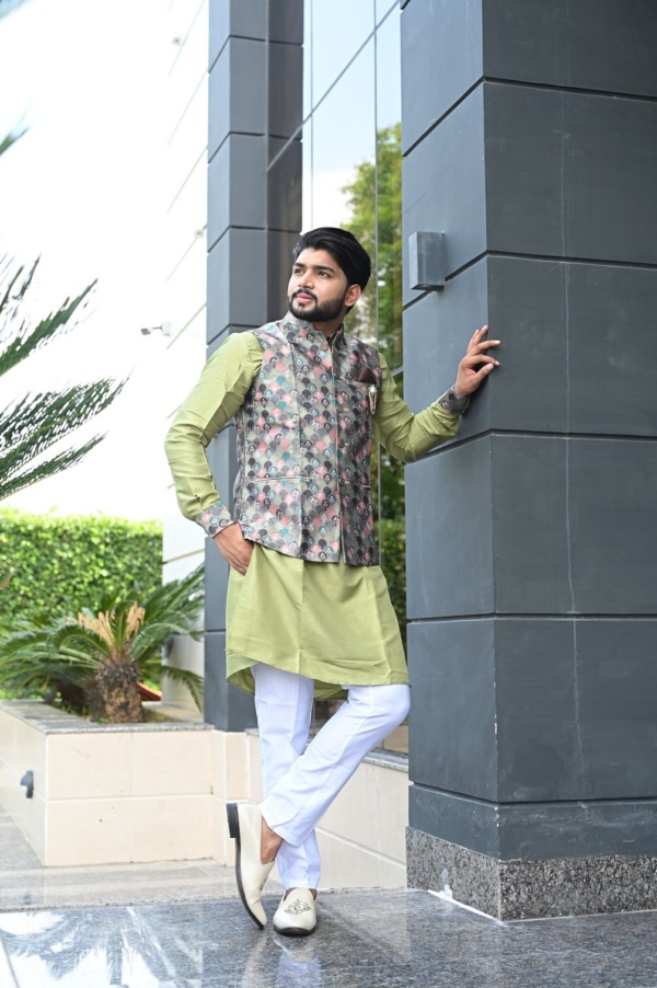 Light Green Kurta with Green & Multi Emerald Print Jacket