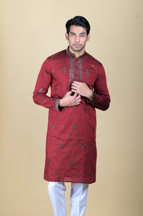 Mahroon Kurta with Brown Embroidery and Sequins Work All Over and Neck - Image 2