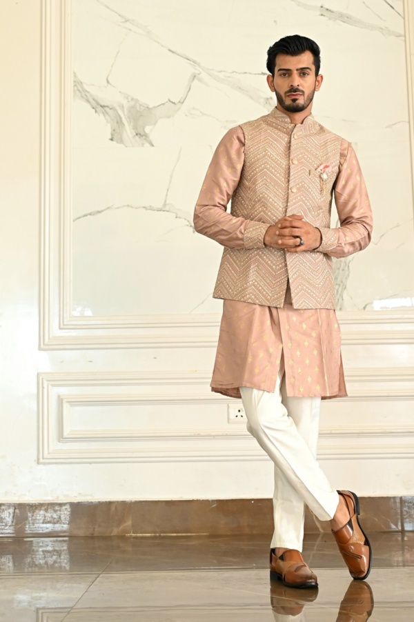 Mahashay - Pale Pink Kurta with Golden Print Jacquard Matching with Heavy Embroidered Jacket (1)