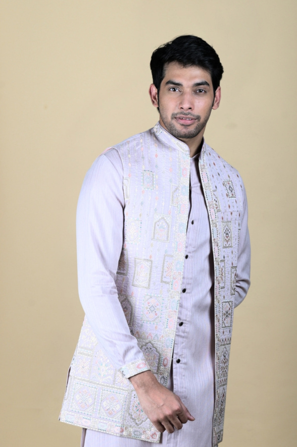 Pastel Purple Jacket with Front Open Look Kurta and Jacket - Image 2