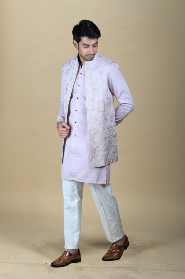 Pastel Purple Jacket with Front Open Look Kurta and Jacket