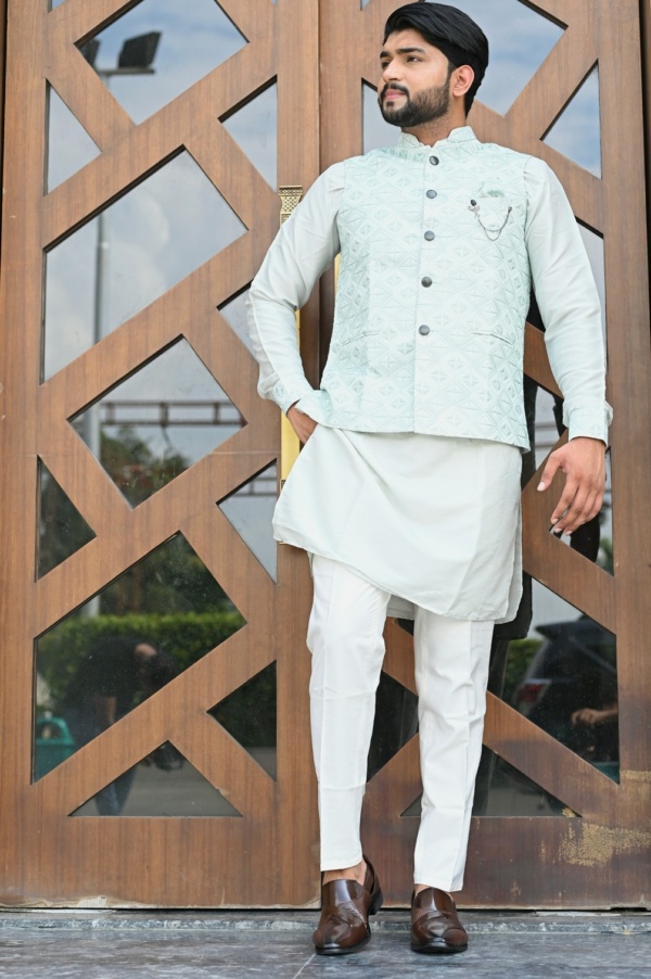 Turquoise Chikankari Jacket with Aqua Touch Kurta