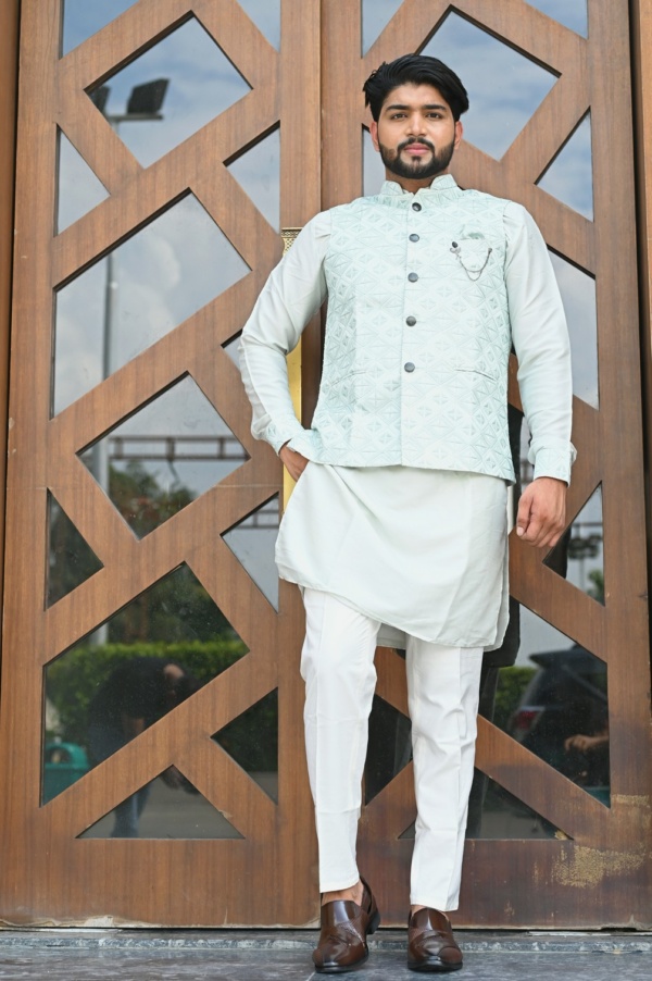 Turquoise Chikankari Jacket with Aqua Touch Kurta - Image 2