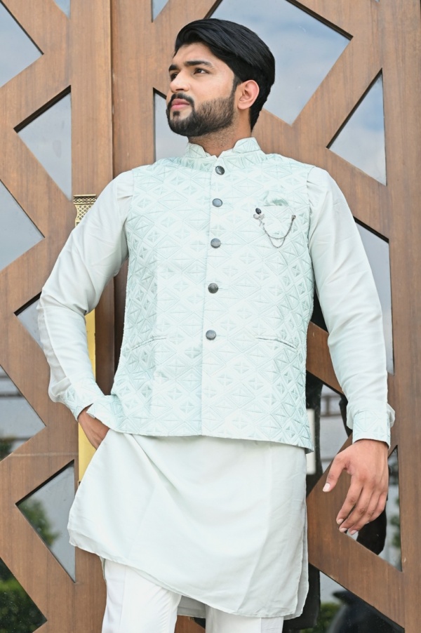 Turquoise Chikankari Jacket with Aqua Touch Kurta - Image 3