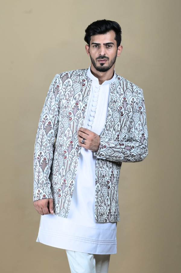 White Suede Multithread Shrug Blazzer with White Plasting Kurta - Image 3