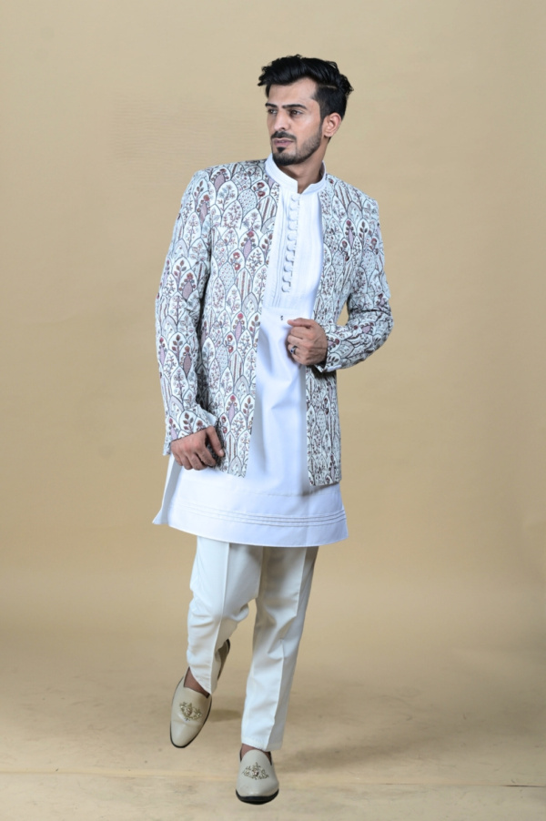 White Suede Multithread Shrug Blazzer with White Plasting Kurta