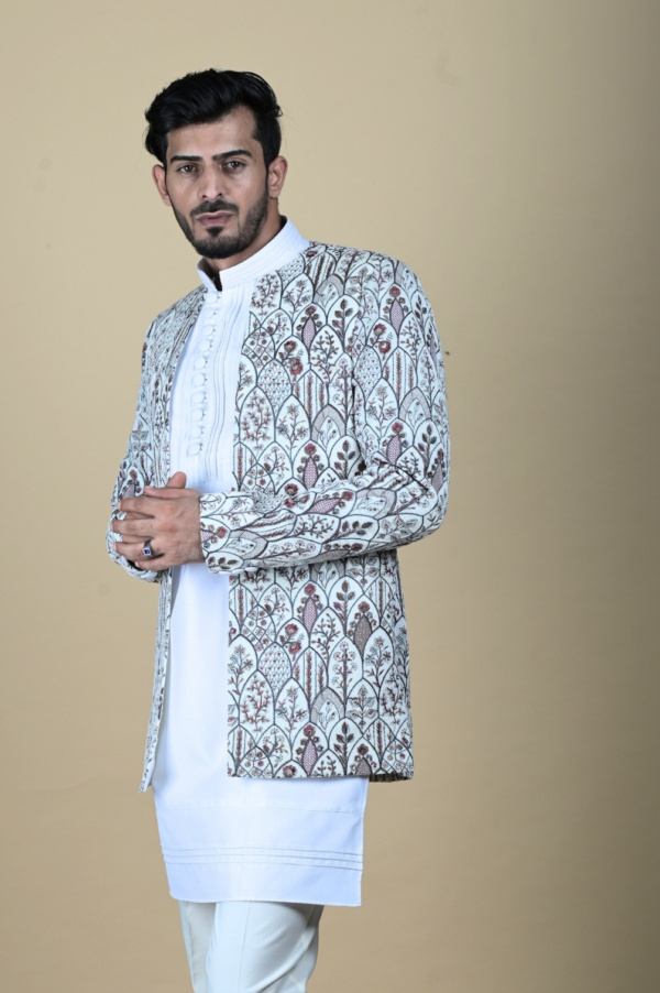 White Suede Multithread Shrug Blazzer with White Plasting Kurta - Image 2