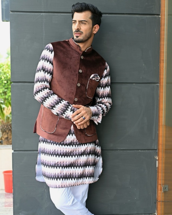 Woody Brown Suede Jacket with Arrow Print Kurta