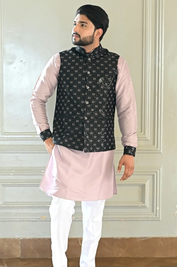 Mahashay - Mystic Black Jacket with Lavender Matching and Lavender Suit Kurta (1)