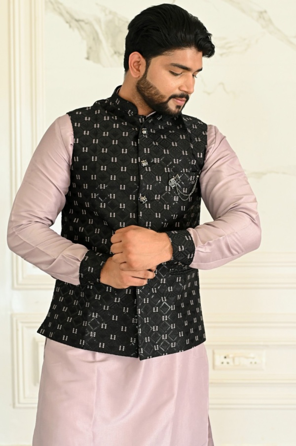 The Mystic Black Jacket with Lavender Matching and Lavender Suit Kurta - Image 3