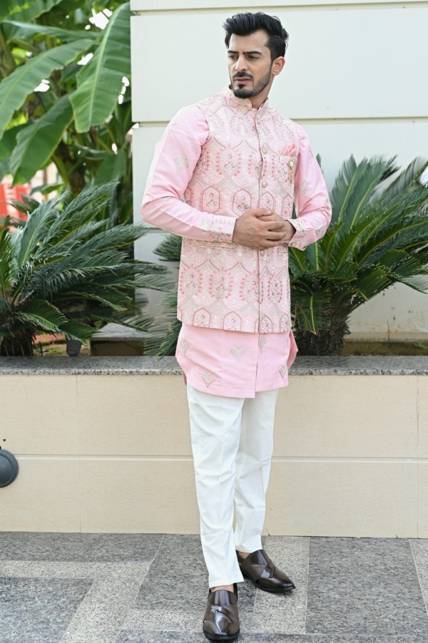 Side Round Kurta Jacket with Pink Matching Inner And Outer Embroidery Work - Image 2