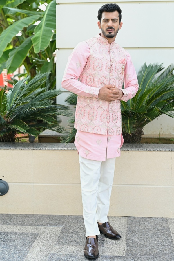 Side Round Kurta Jacket with Pink Matching Inner And Outer Embroidery Work